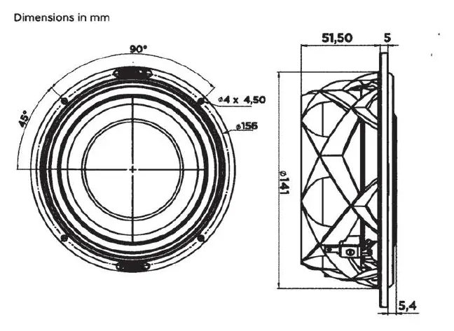 Mechanical drawing of the 6WM woofer with dimensions in mm.