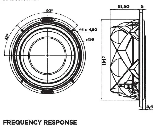 Mechanical drawing of the 6WM woofer with dimensions.