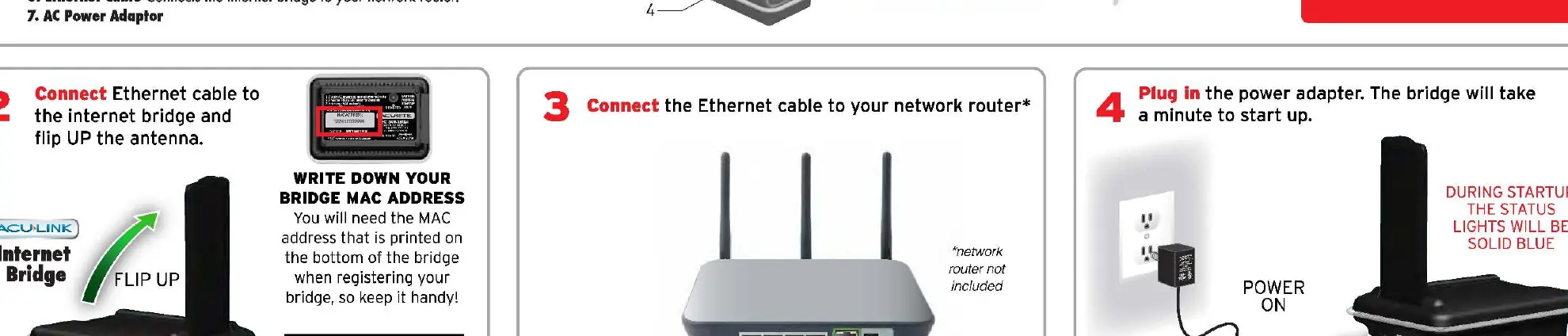 Setup procedure: Connecting the Ethernet cable and power adapter.