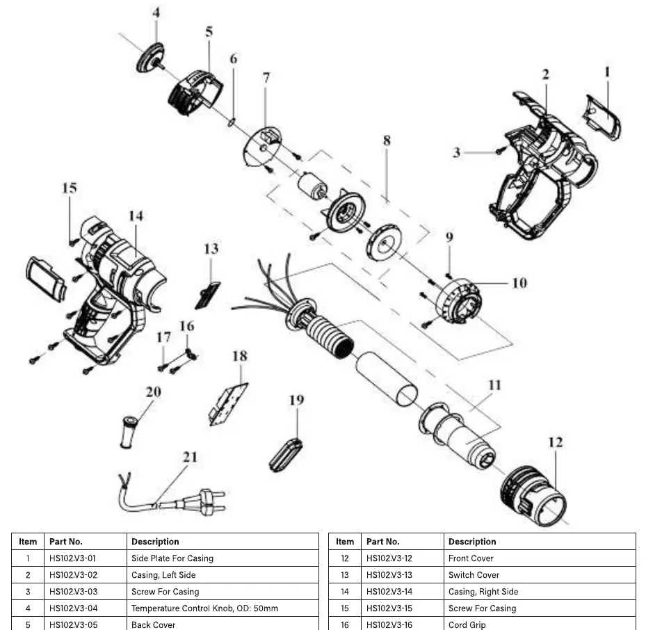 Exploded view of the Sealey HS102.V3 Hot Air Gun components.