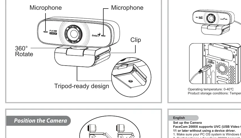 Camera features including rotation and clip.
