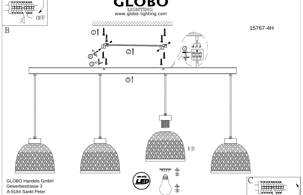 Installation diagram for the pendant lamp