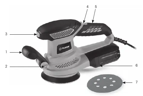 Diagram of the Electrical Orbital Sander showing parts 1-7.