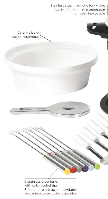 Components of the fondue set including the ceramic bowl, fork guide, and forks.