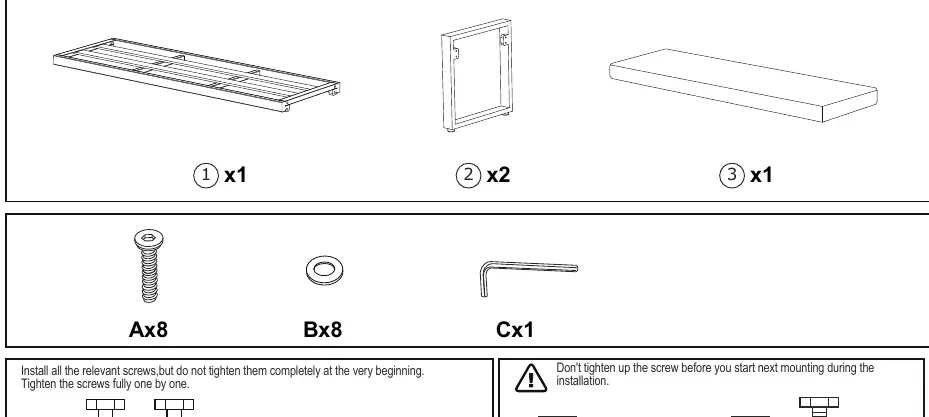 Parts list including seat, legs, and hardware.