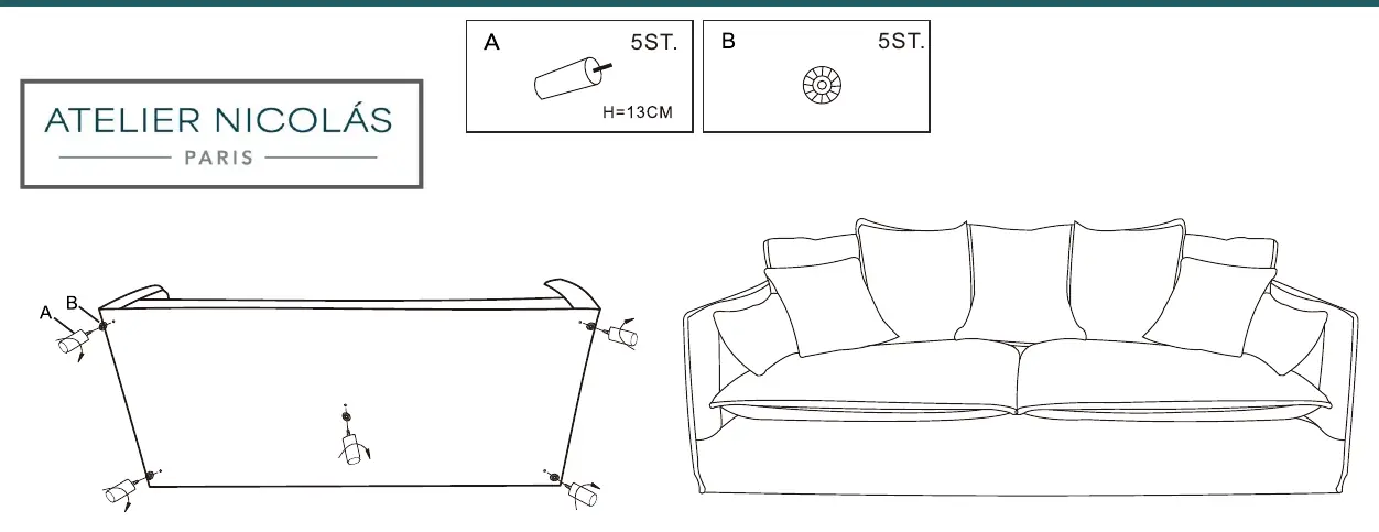 Assembly diagram showing the attachment points for the 5 legs (A) and washers (B).