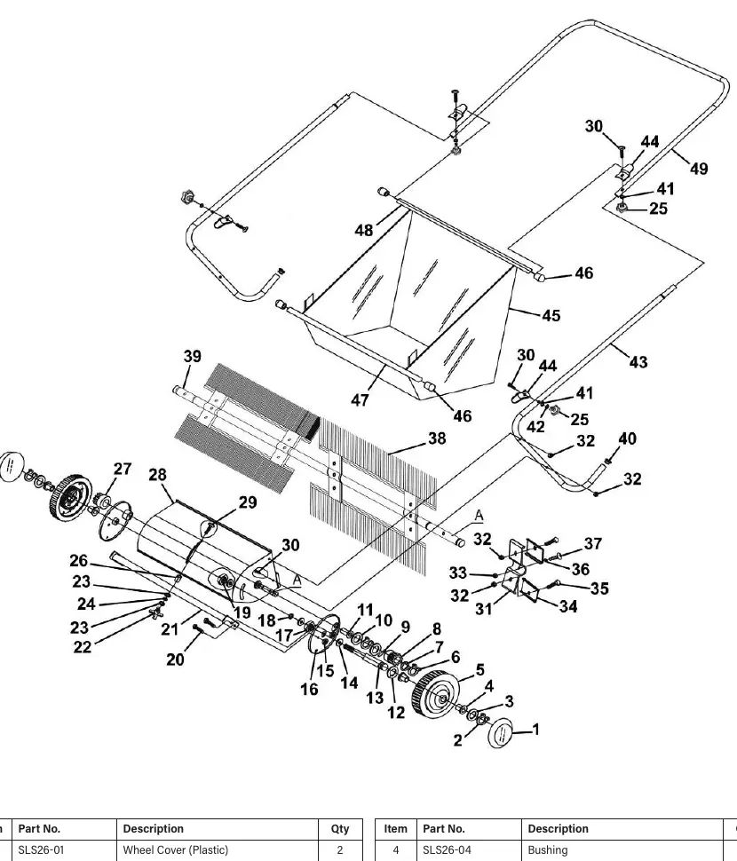 Exploded view diagram of the Sealey 26" Walk Behind Garden Sweeper (SLS26).