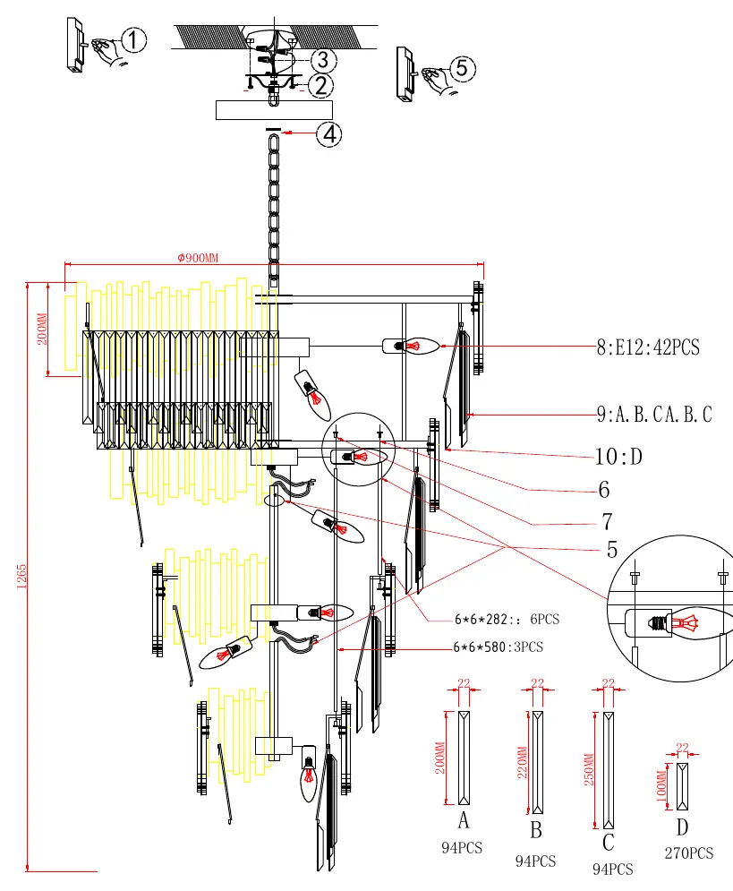 Installation and assembly diagram for the Shapiro 42-Light Chandelier