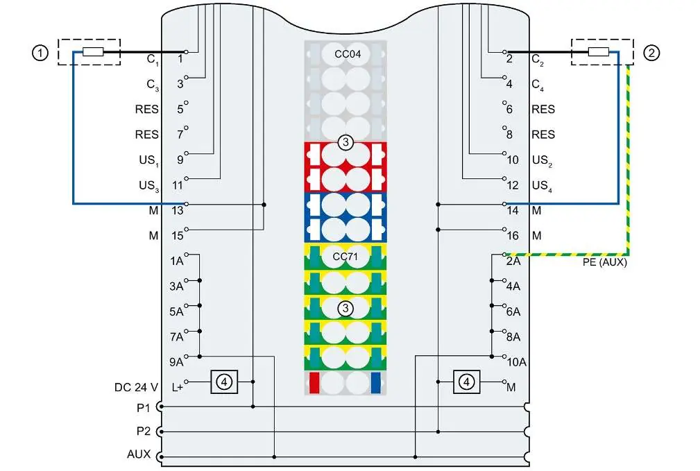 Terminal assignment for 2-wire and 3-wire connection in DQ operating mode
