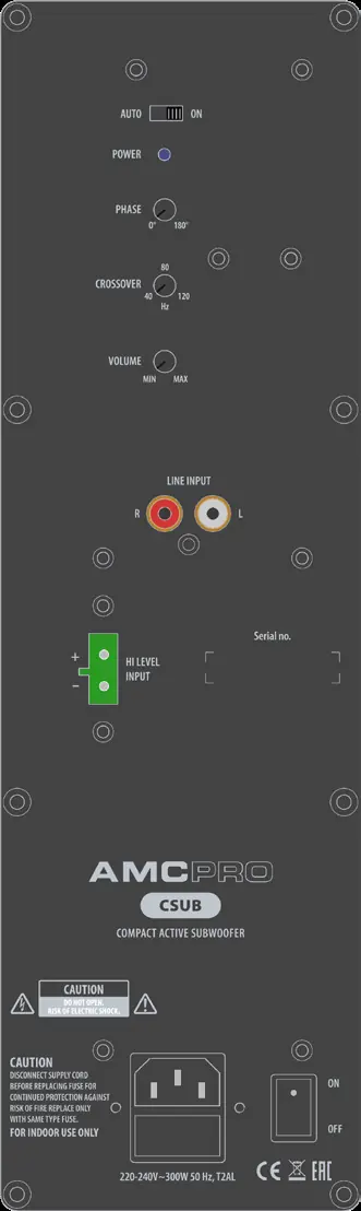 Rear panel layout of the CSUB subwoofer
