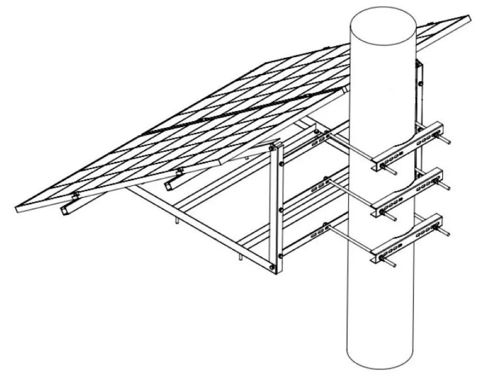 Assembly diagram of the solar panel mounting structure on a pole.