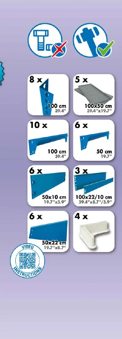 Parts list and quantities required for assembly.