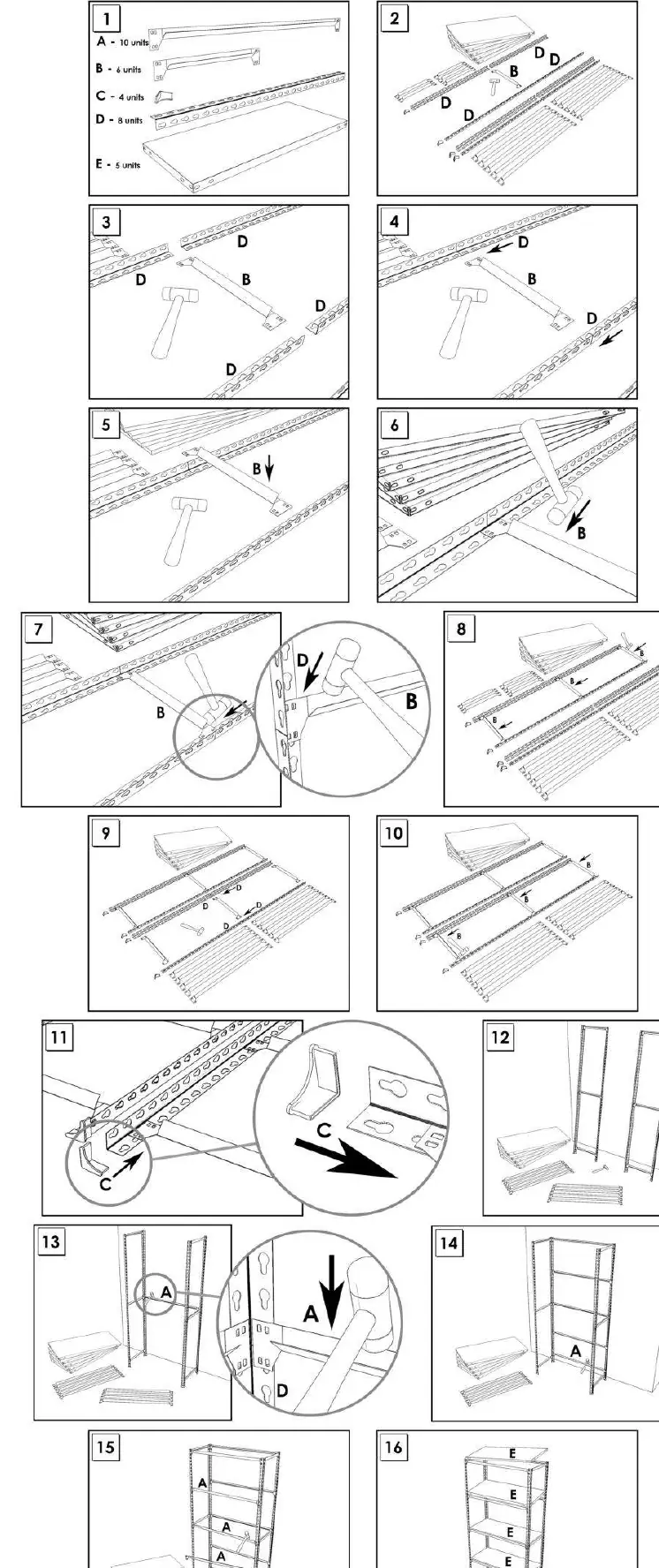 Step-by-step assembly diagram (1-16).