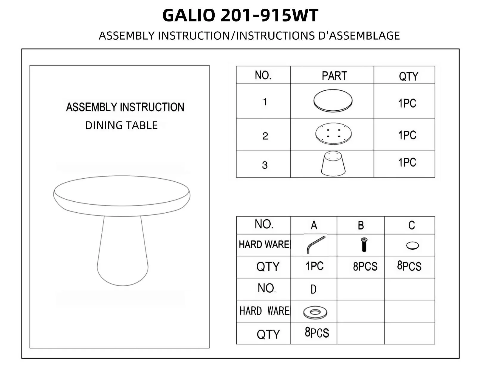 Parts and hardware list for the GALIO 201-915WT dining table.