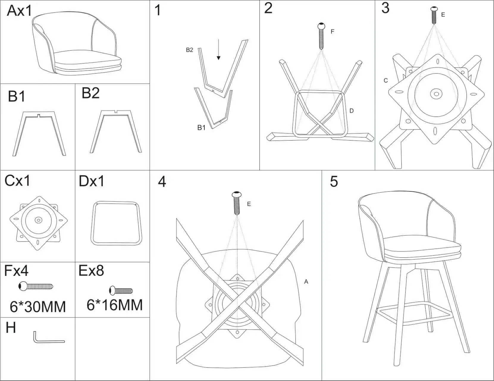 Step-by-step assembly diagram for the George Oliver 2012B bar stool.