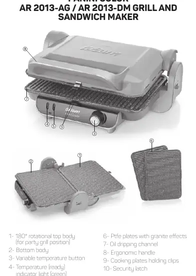 Arzum Panini Color Grill and Sandwich Maker components