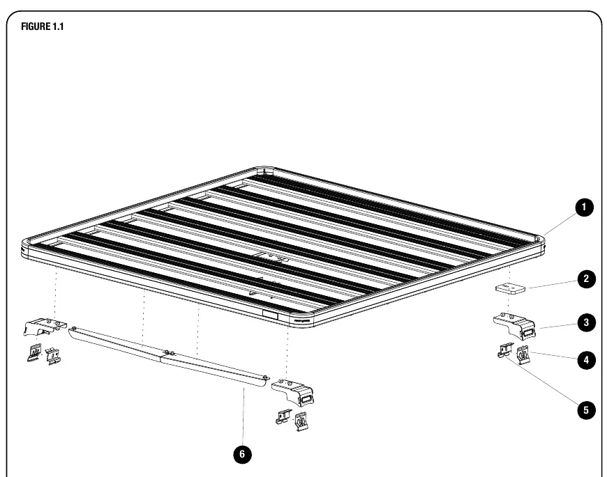 Exploded view of the Slimline II Roof Rail Rack assembly (Figure 1.1).