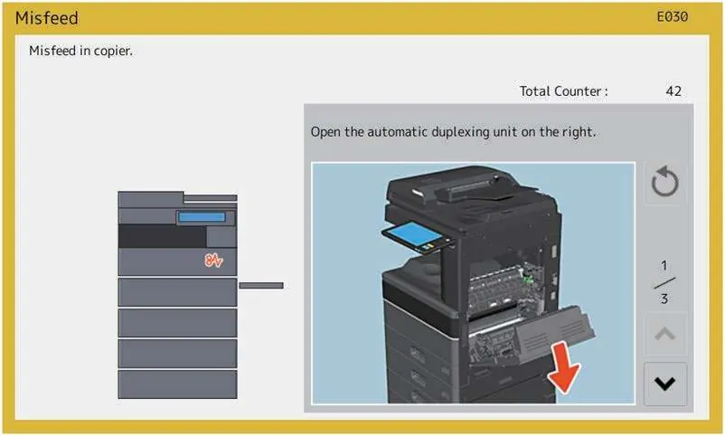 Paper misfeed guidance on touch panel
