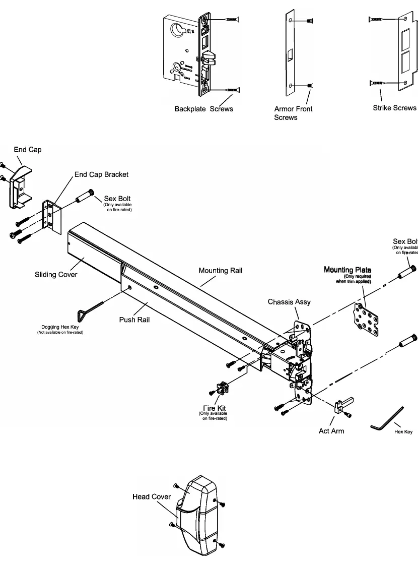 Exploded view of the mortise device components.
