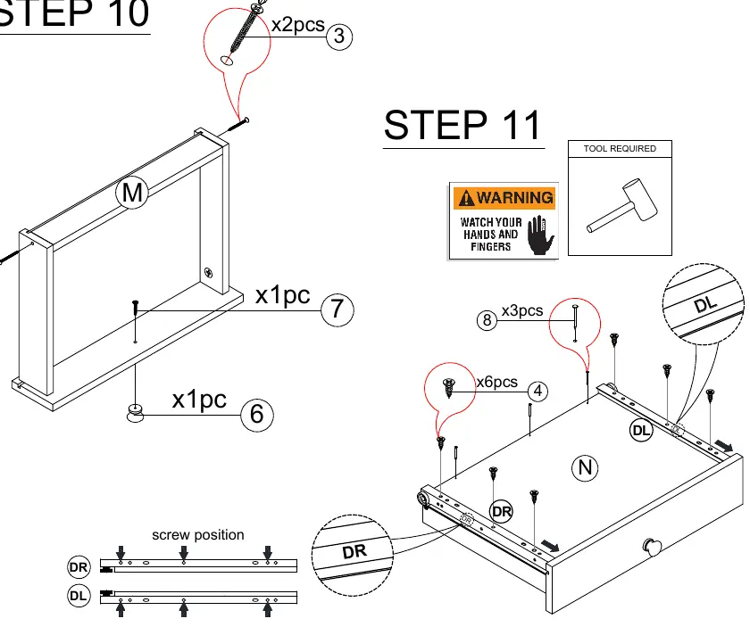 Steps 8, 9, 10, and 11: Drawer assembly