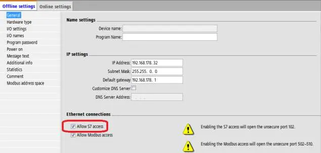 HMI Settings parameters table