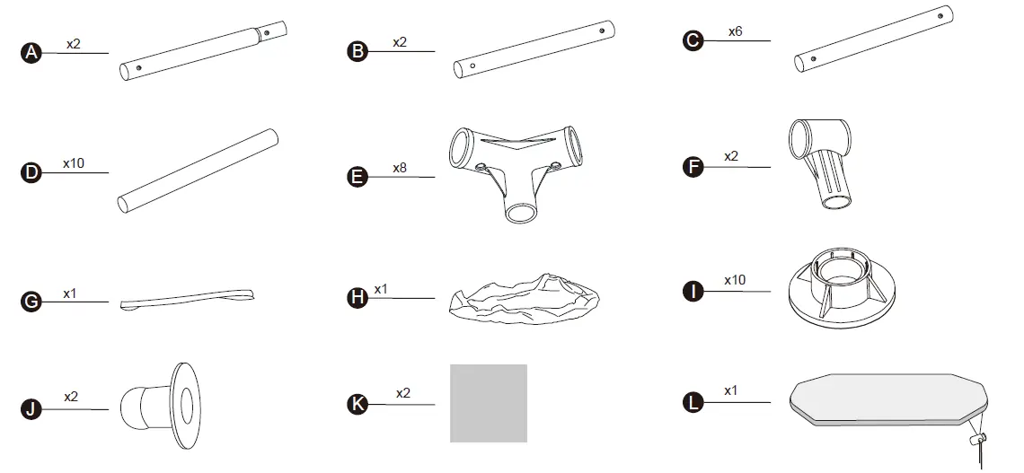 Parts list for the ice bath assembly.