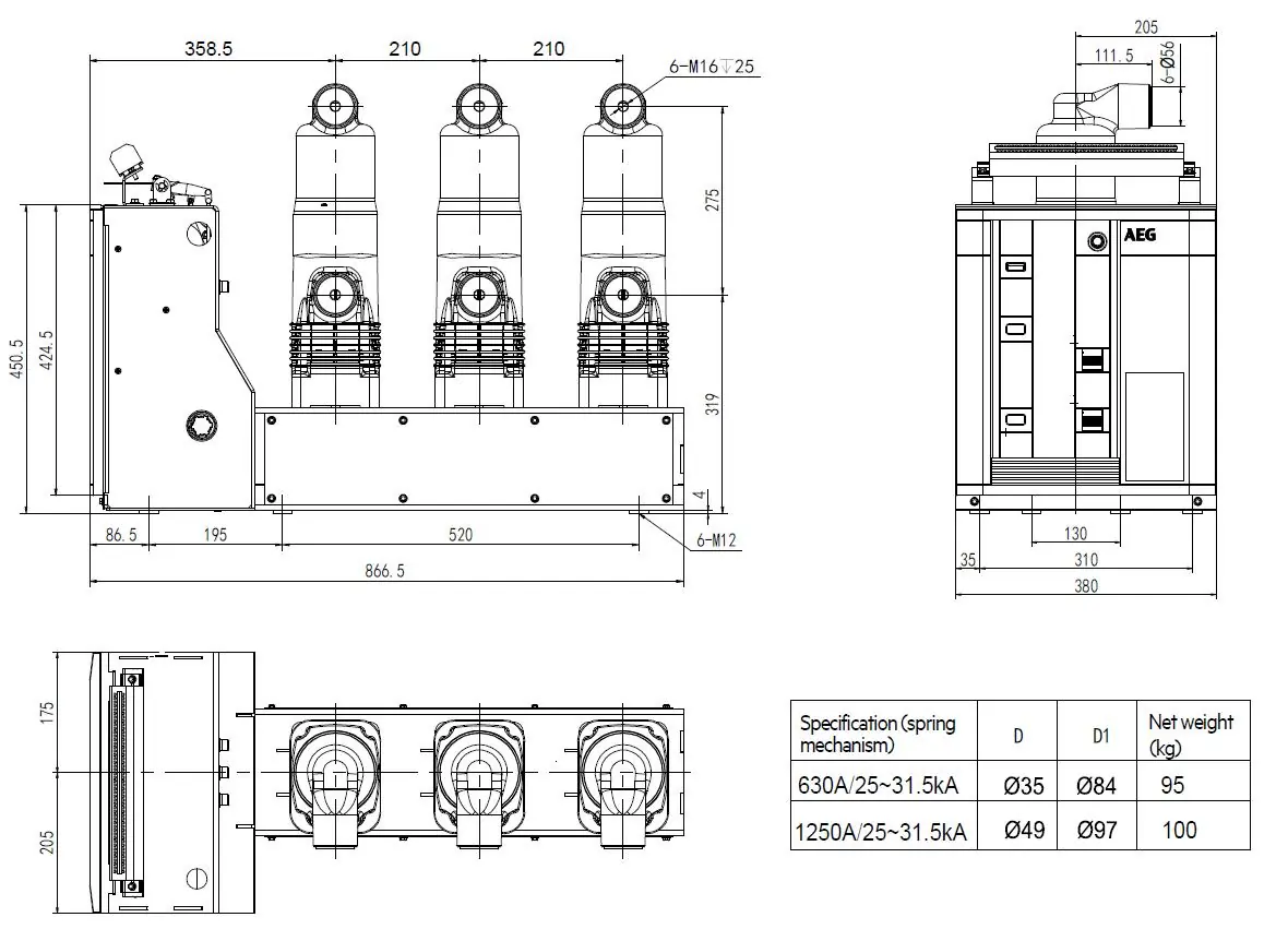 Installation dimensions for fixed connection