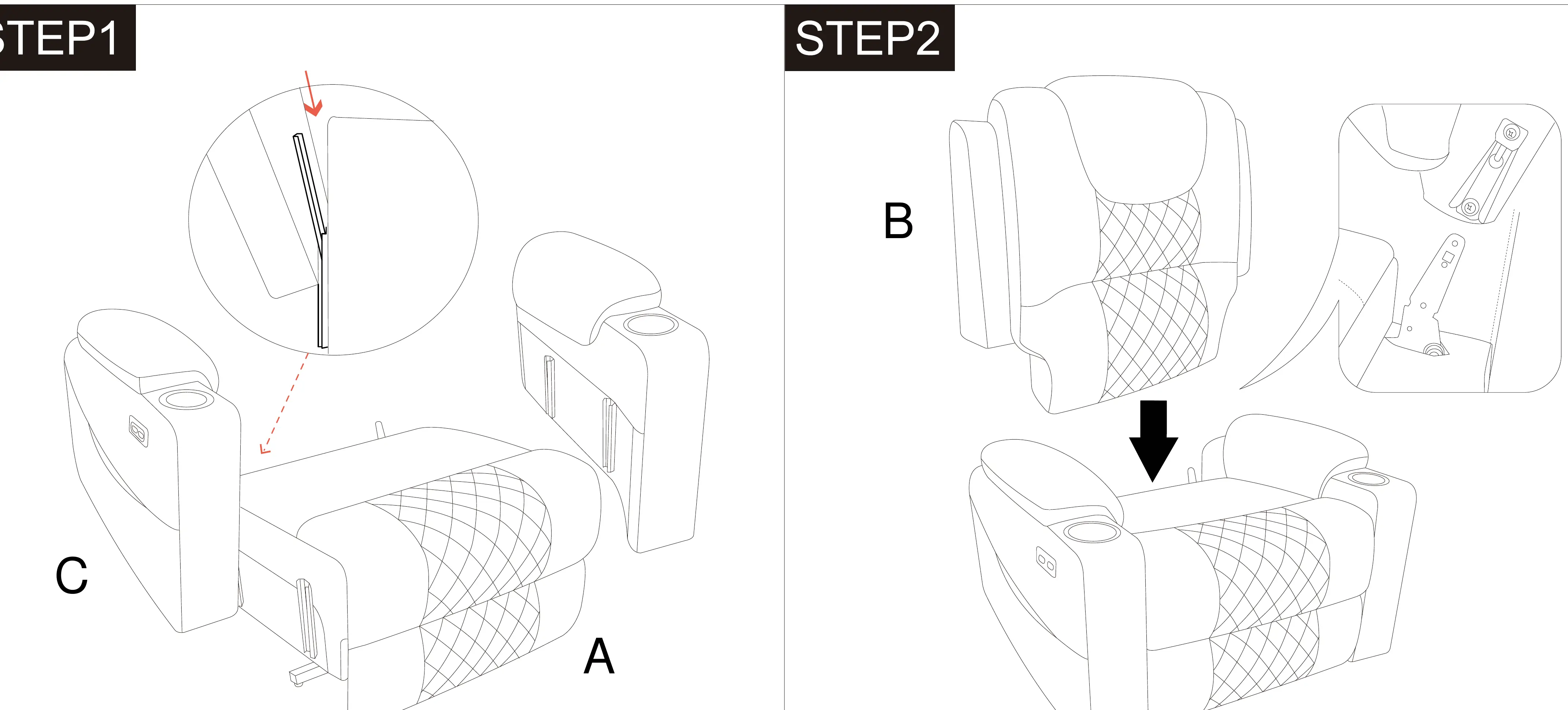 Assembly steps 1 and 2: Attaching armrests and backrest.
