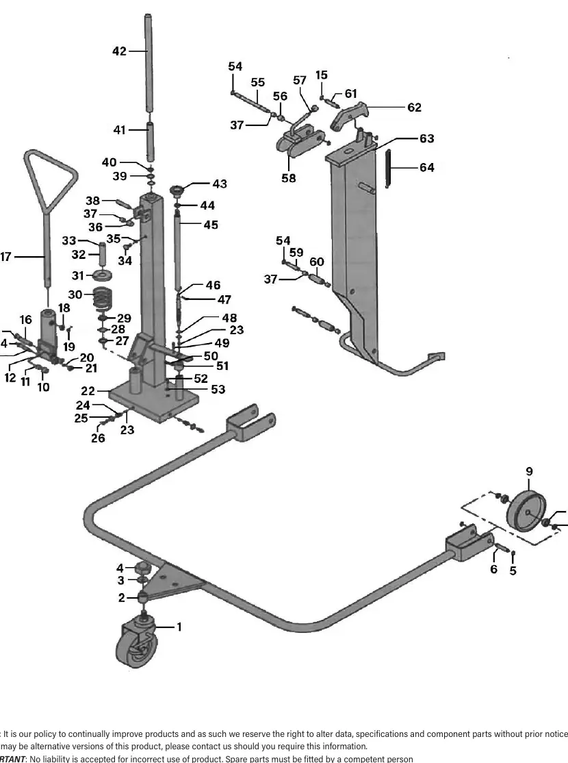 Exploded view diagram of the Hydraulic Drum Truck 205L