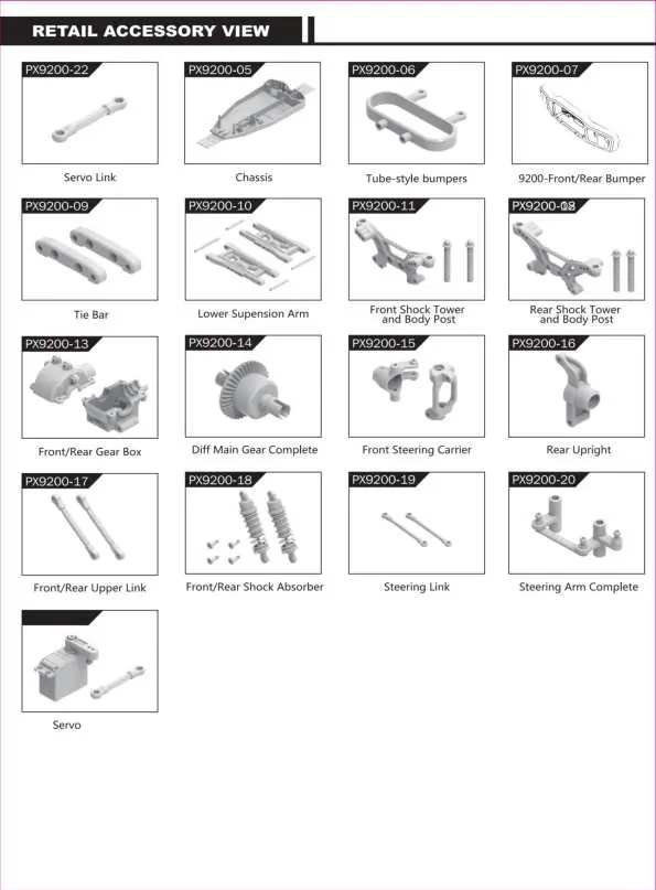 Exploded view of the RC car