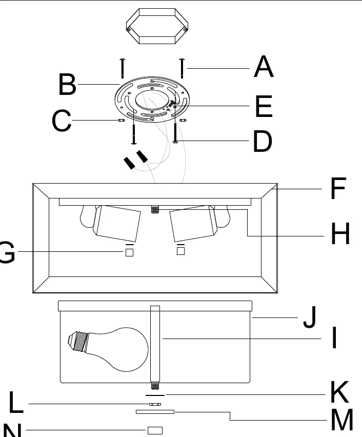 Assembly diagram showing parts A through N