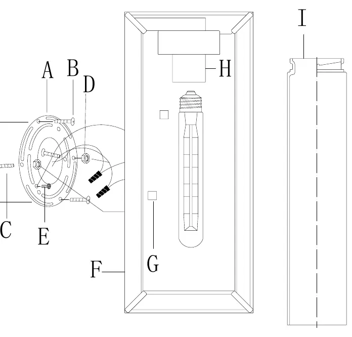 Parts and assembly diagram showing components A through I.
