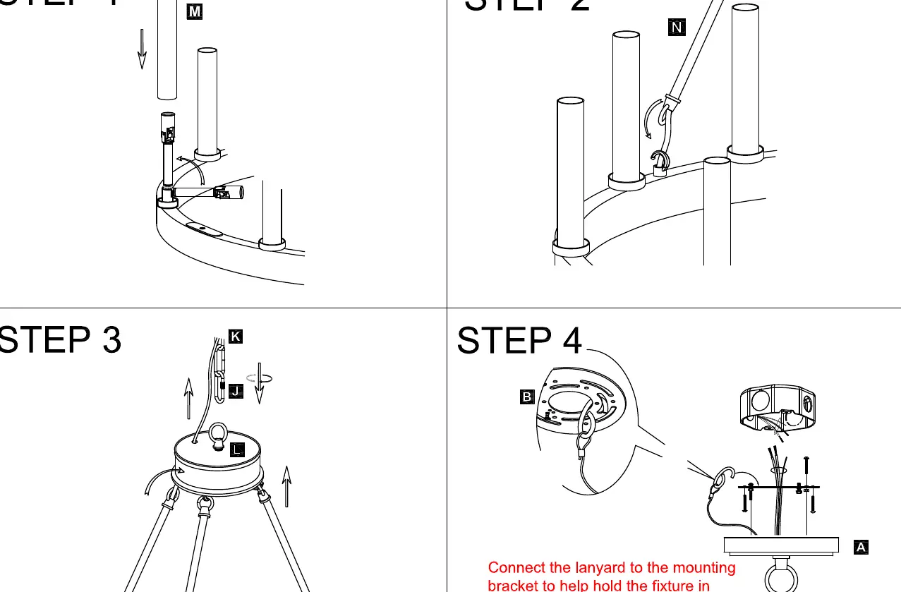 Installation Steps 1-4: Socket sleeves, hanging rods, chain assembly, and mounting bracket attachment.