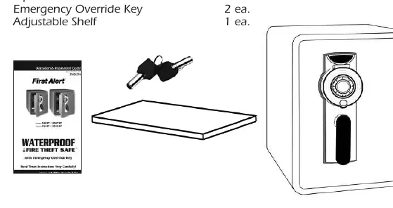 Included items: Operation Guide, Emergency Keys, and Adjustable Shelf.