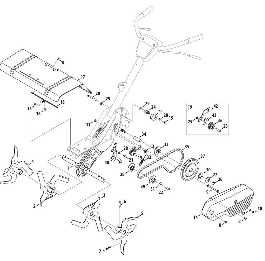 Tiller drive system exploded diagram
