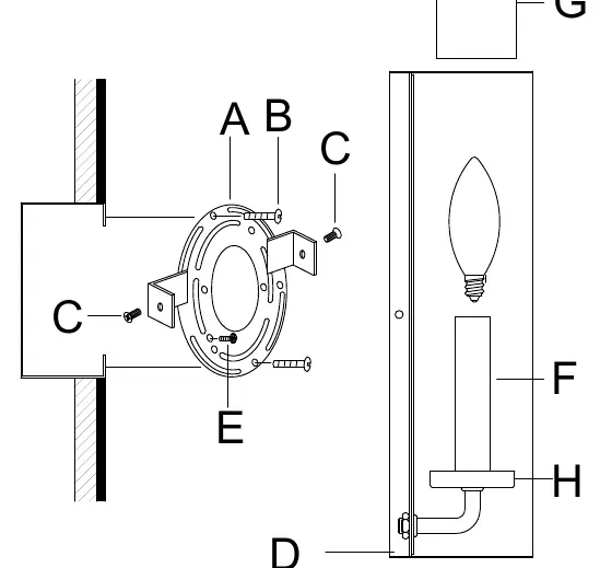 Assembly diagram showing parts A through H.
