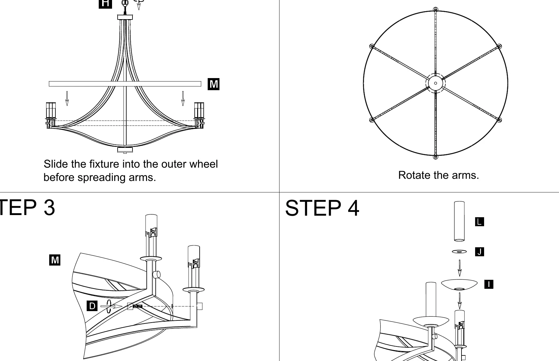 Assembly steps 1-4 for the chandelier body.