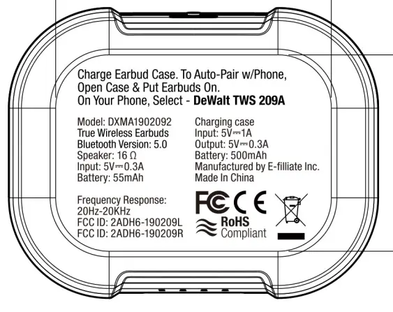 Product label and technical specifications for DeWalt TWS 209A