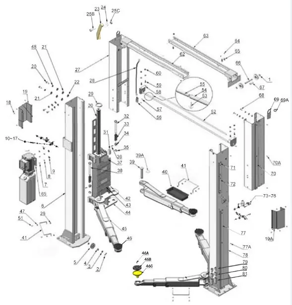 Main exploded view of the 2-post lift structure (Fig 43).
