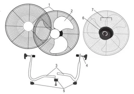 Exploded view of the fan components and assembly parts.