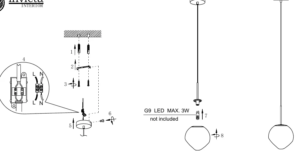 Assembly and wiring diagram for the pendant lamp.