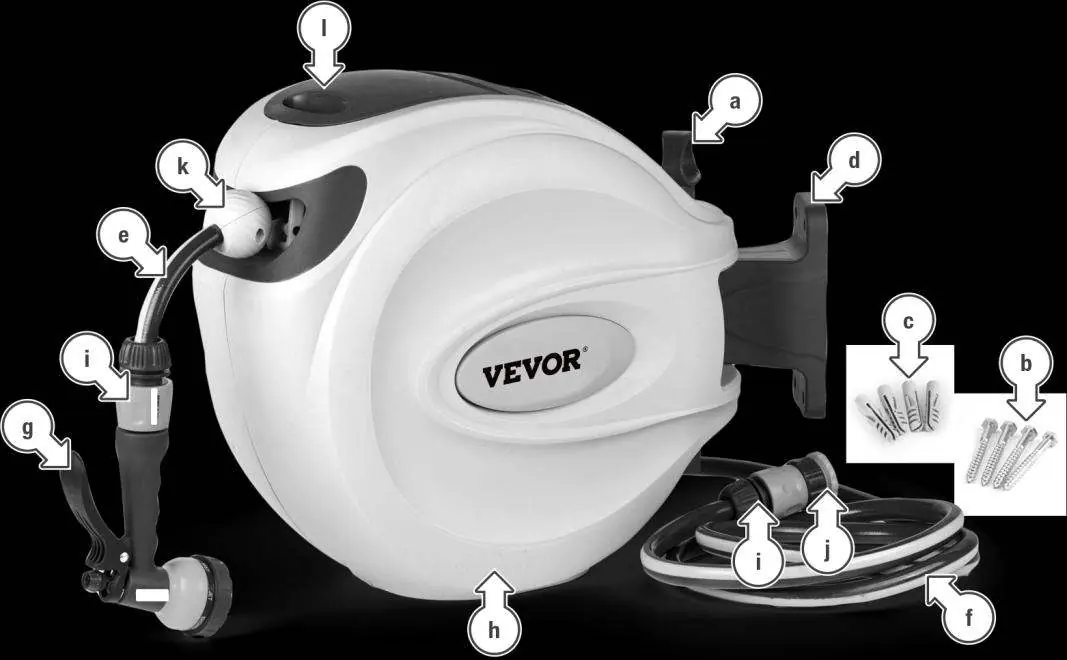 Parts overview of the Retractable Hose Reel