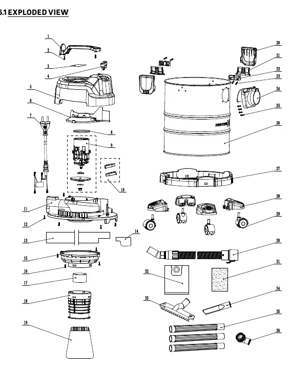 Exploded view of the vacuum cleaner