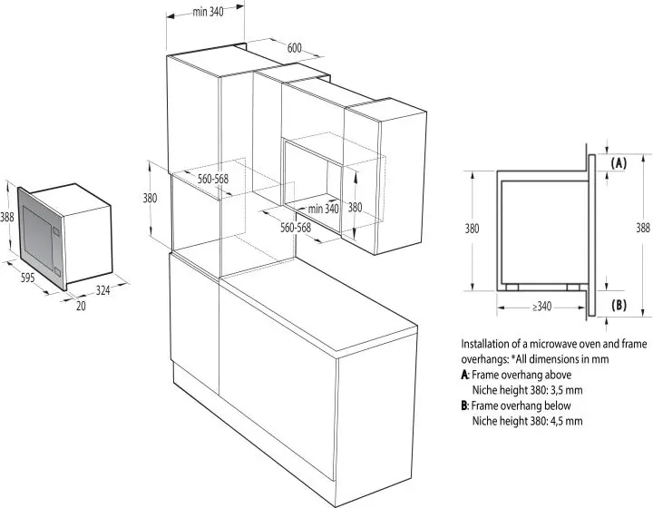 Installation diagram showing niche dimensions and frame overhangs.