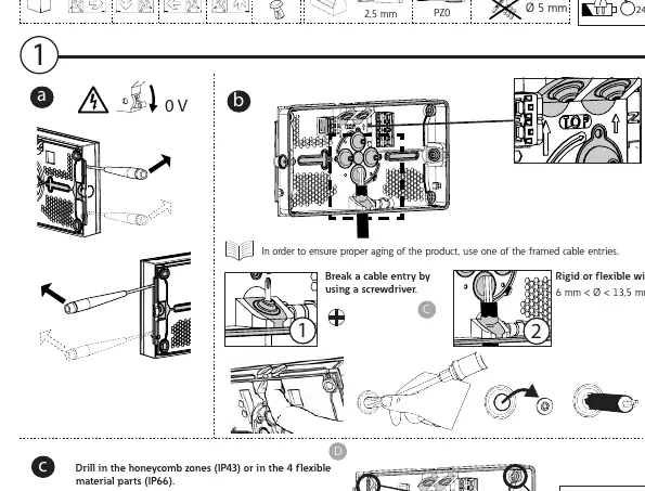 Installation steps: drilling and cable entry preparation.