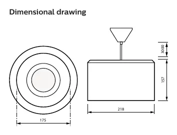 Dimensional drawing of the Philips Drum pendant luminaire