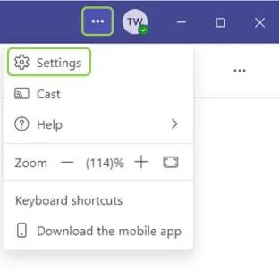 Accessing the Teams settings menu