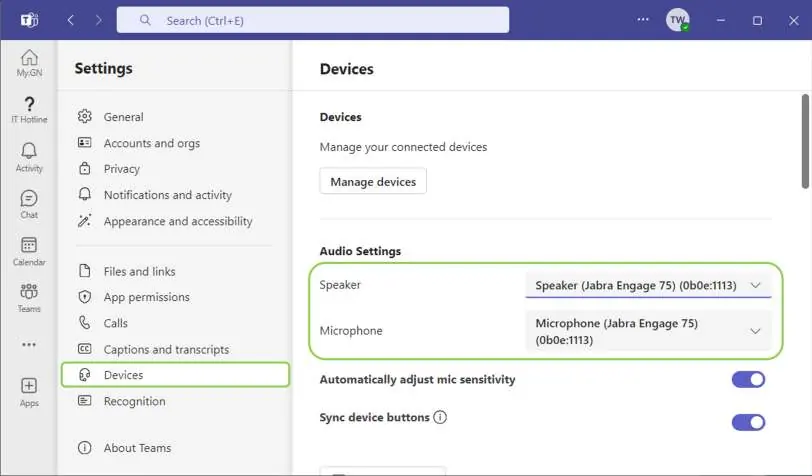 Selecting audio devices in Teams settings