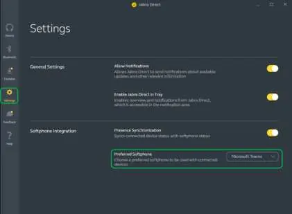 Jabra Direct Settings menu showing Softphone Integration options.