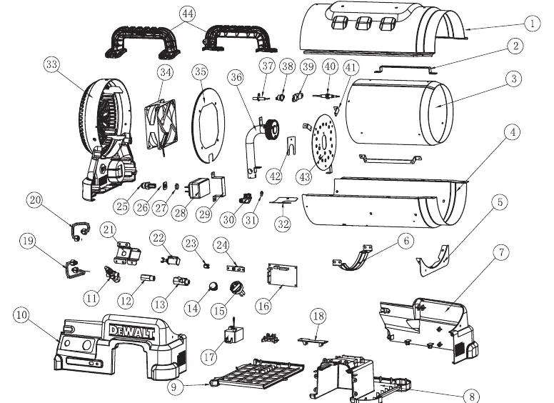 Exploded view of the heater components.